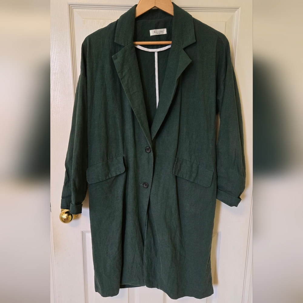 Green linen long blazer coat jacket